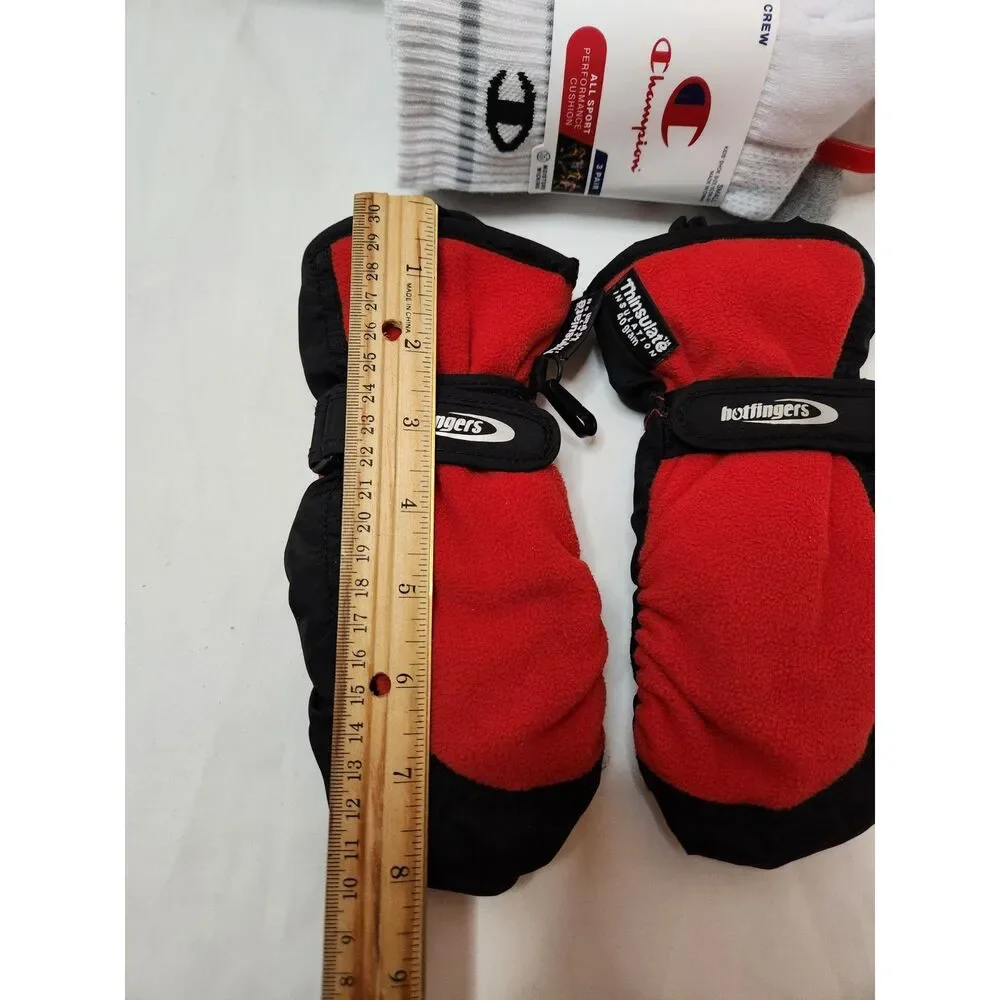 Champion Kids Socks 3‑Pack + Hot Fingers Mittens Bundle Small 10K–4Y